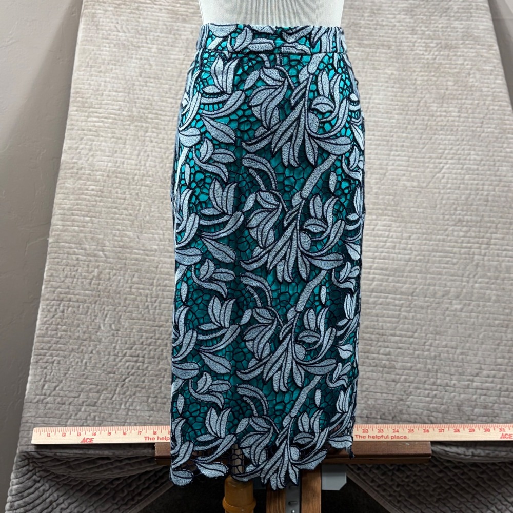 Maeve Anthropologie Teal Black Floral Guipure Lace Pencil Skirt Scalloped Hem 2‎